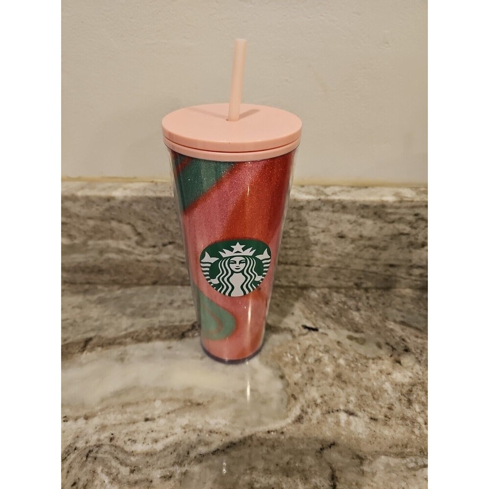 STARBUCKS Holiday 2020 Glitter Pink Peppermint Swirl 24 oz. Cold Cup Tumbler New